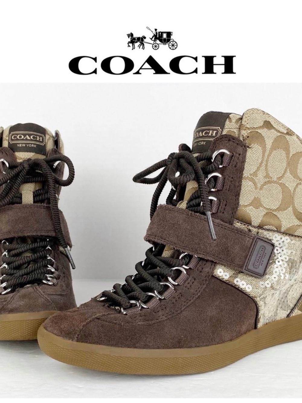 Coach Brown Suede & Signature Canvas High-Top Booties